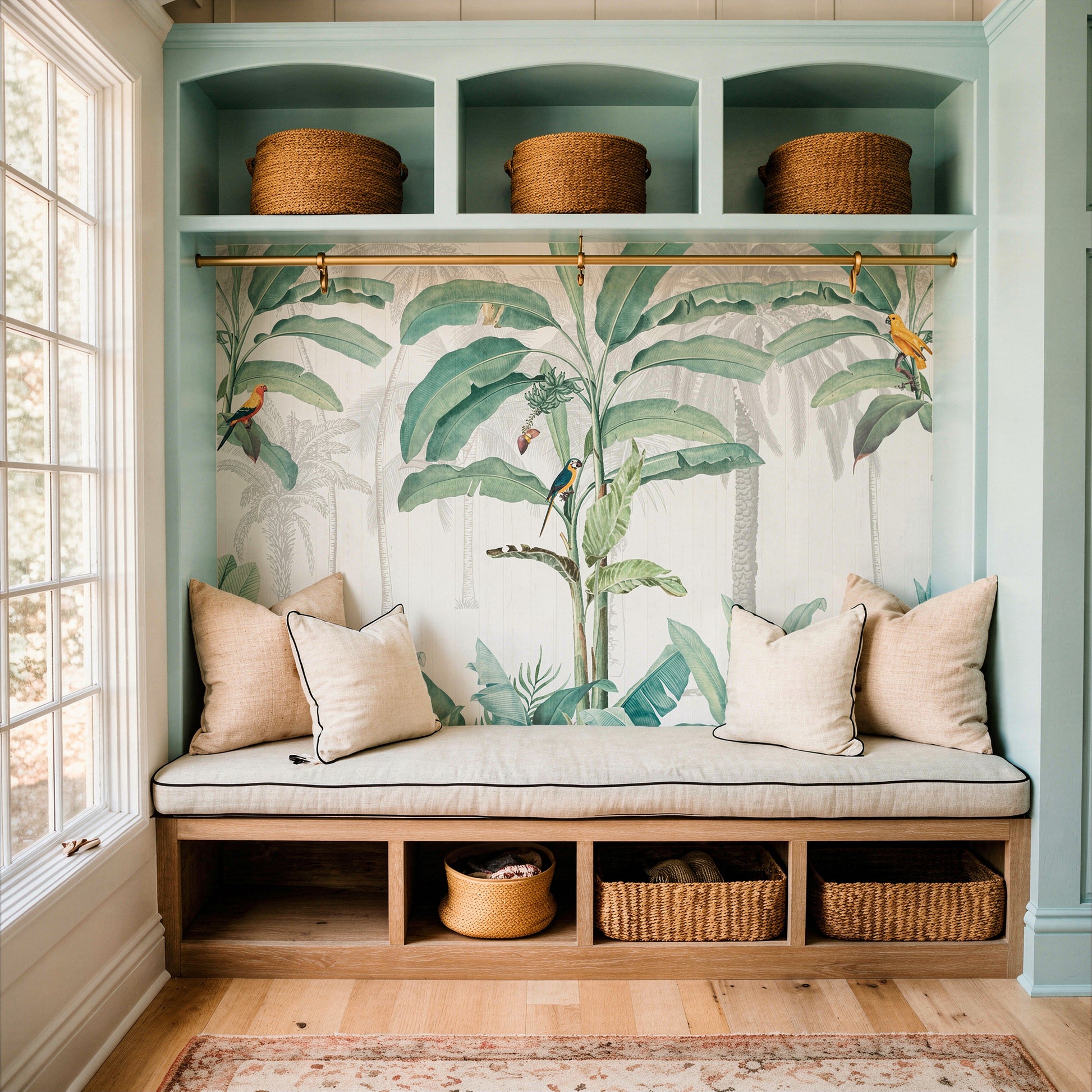 cat-610569683272 A custom mudroom built-in with light green cabinetry, a tropical banana leaf wallpaper mural backdrop, a cushioned bench with pillows, and wicker storage baskets