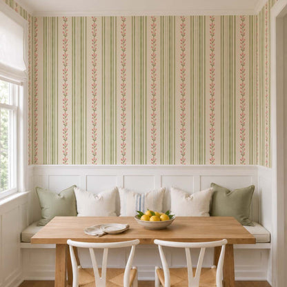 cat-659356549448   Breakfast nook with sage green and pink Tulip Stripe wallpaper above white wainscoting