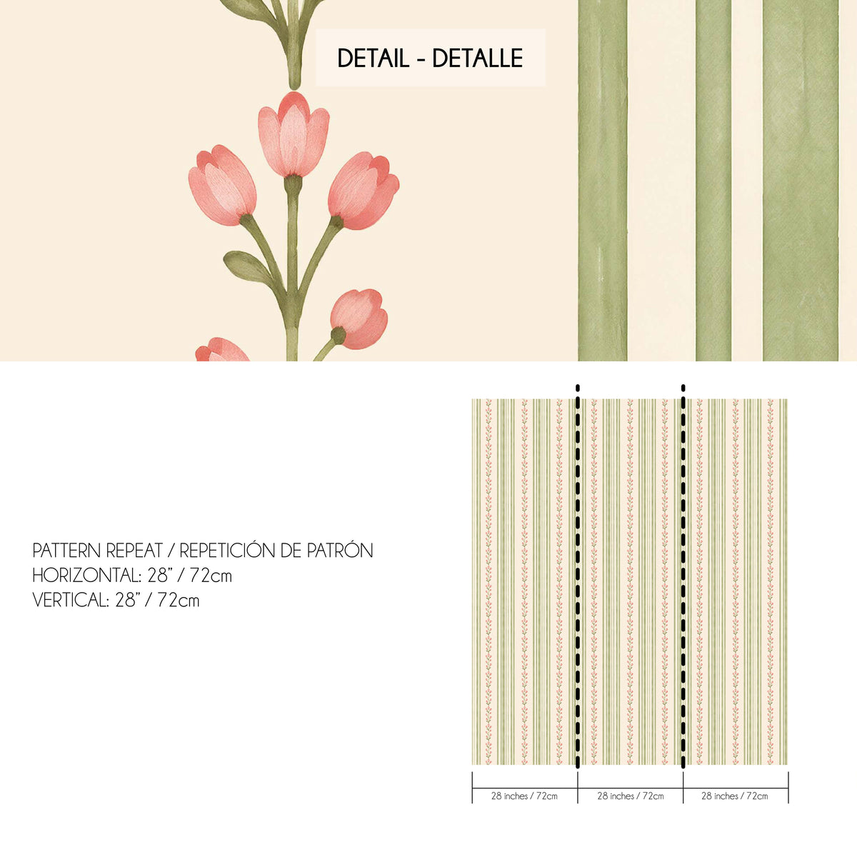Tulip Stripe wallpaper full pattern repeat in sage green, blush pink and cream