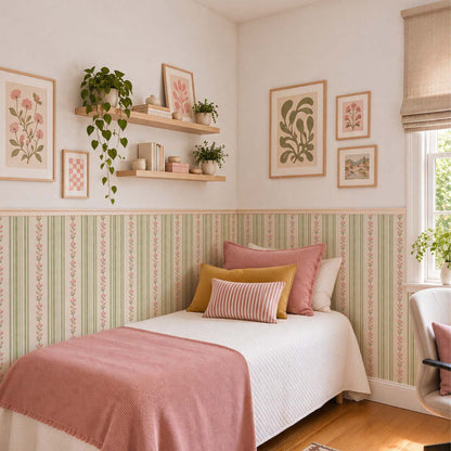 cat-615198294344 Teen bedroom with Tulip Stripe wallpaper on the lower half wall, pink bedding and kilim rug