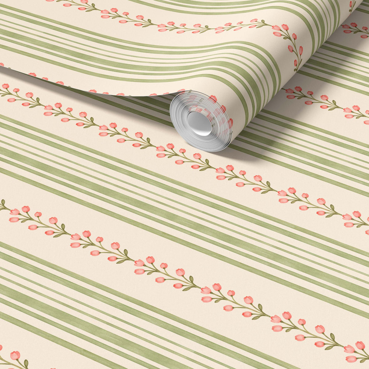 Close-up of Tulip Stripe wallpaper: watercolor pink tulips and sage green stripes on cream