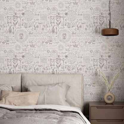 cat-616983200072 Modern bedroom featuring vintage alchemist manuscript wallpaper with esoteric symbols, sketches of herbs, suns, and Latin text, styled with neutral bedding and a minimalist nightstand