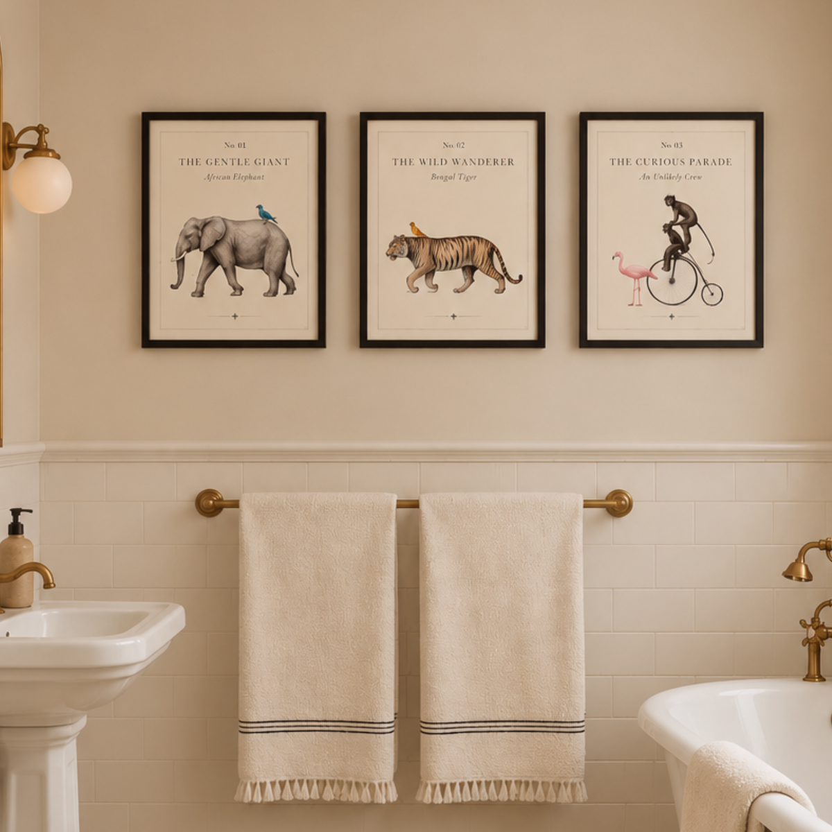 Vintage Animal Parade print set of 3 framed in black in a cream bathroom