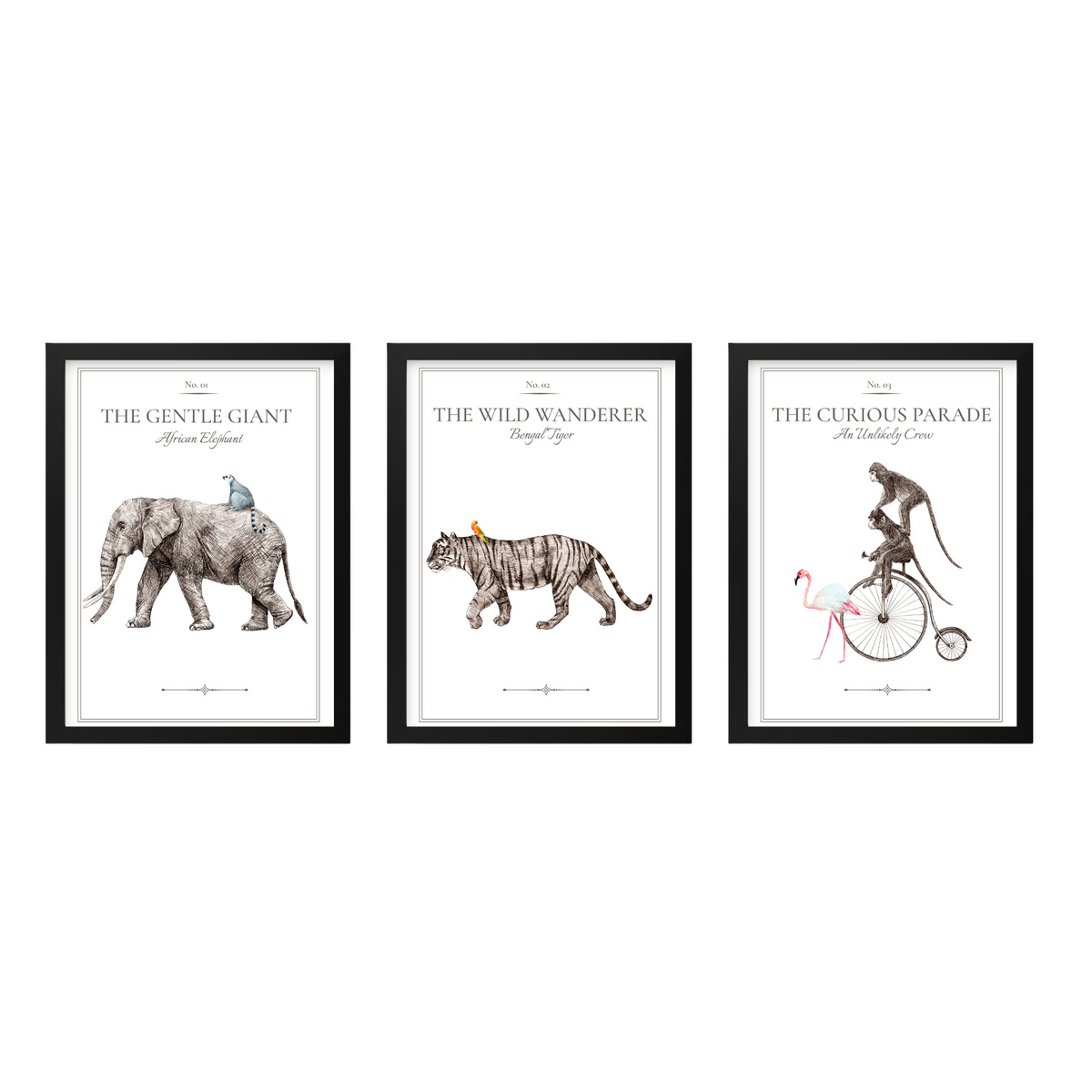 Vintage Animal Parade print set of 3 in black frames