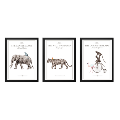 Vintage Animal Parade print set of 3 in black frames