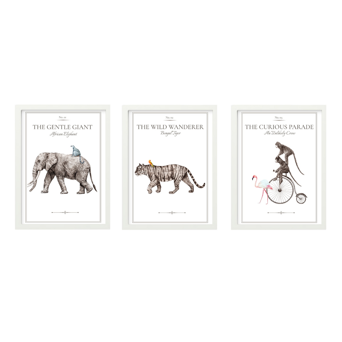 Vintage Animal Parade print set of 3 in white frames