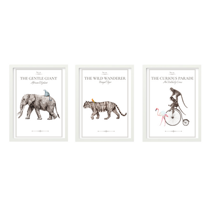 Vintage Animal Parade print set of 3 in white frames
