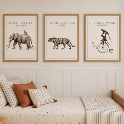 Vintage Animal Parade print set of 3 in natural wood frames above a kids' bed