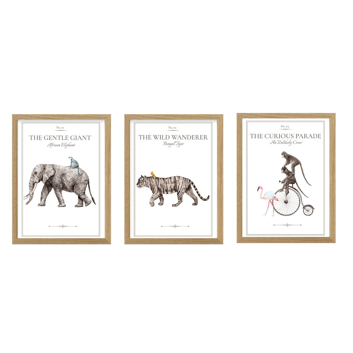 Vintage Animal Parade print set of 3 in natural wood frames