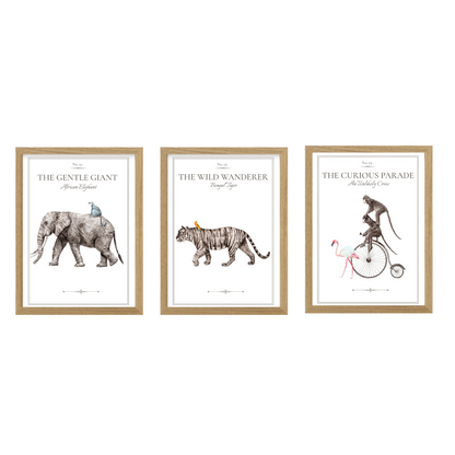 Vintage Animal Parade print set of 3 in natural wood frames