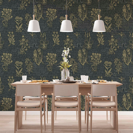 cat-659356549448 Dark charcoal wallpaper with golden vintage botanical illustrations and cursive text, behind a rustic wooden bookshelf filled with books and a small round clock.