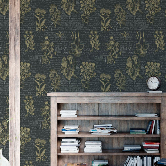 cat-610804433224 Dark charcoal wallpaper with golden vintage botanical illustrations and cursive text, behind a rustic wooden bookshelf filled with books and a small round clock.