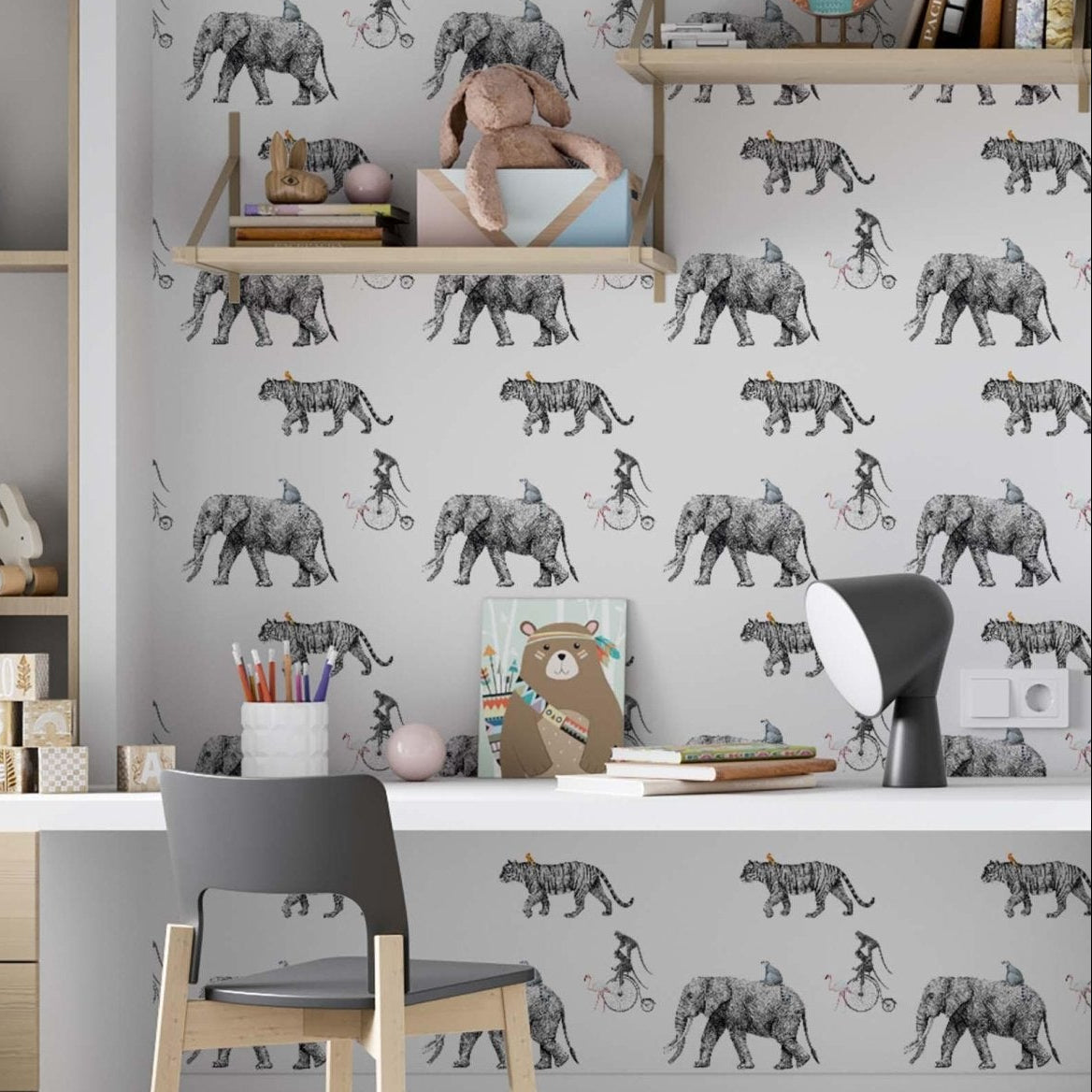 cat-610804433224 Children's study area featuring a vintage-style circus animal wallpaper mural with hand-drawn sketches of elephants, tigers, and monkeys on bicycles.