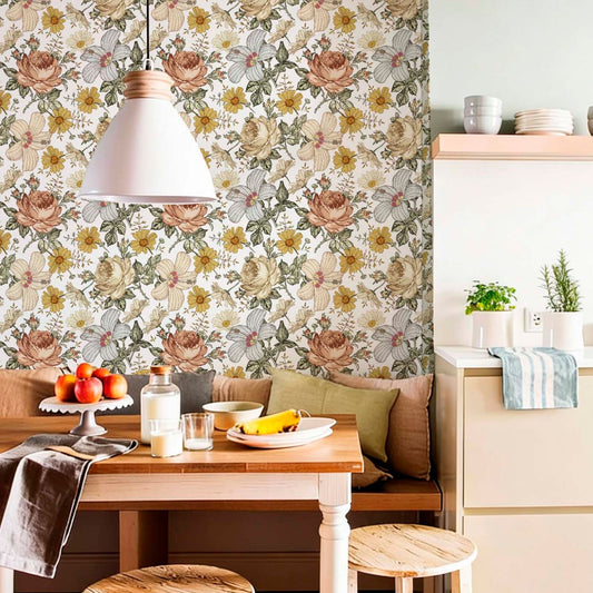 cat-659356549448  Bright kitchen dining nook featuring vintage floral wallpaper with roses and daisies, a wooden table with matching stools, and a white dome pendant light, with neutral cabinets and shelving in the background