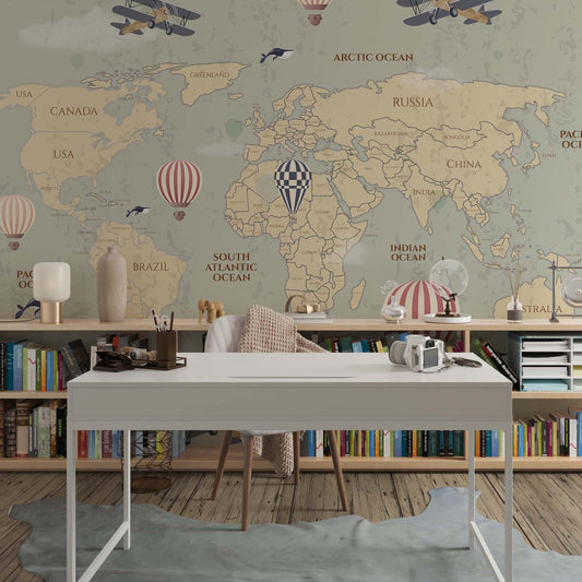 cat-660961526088 Home office featuring a large vintage world map mural with airplanes and hot air balloons.
