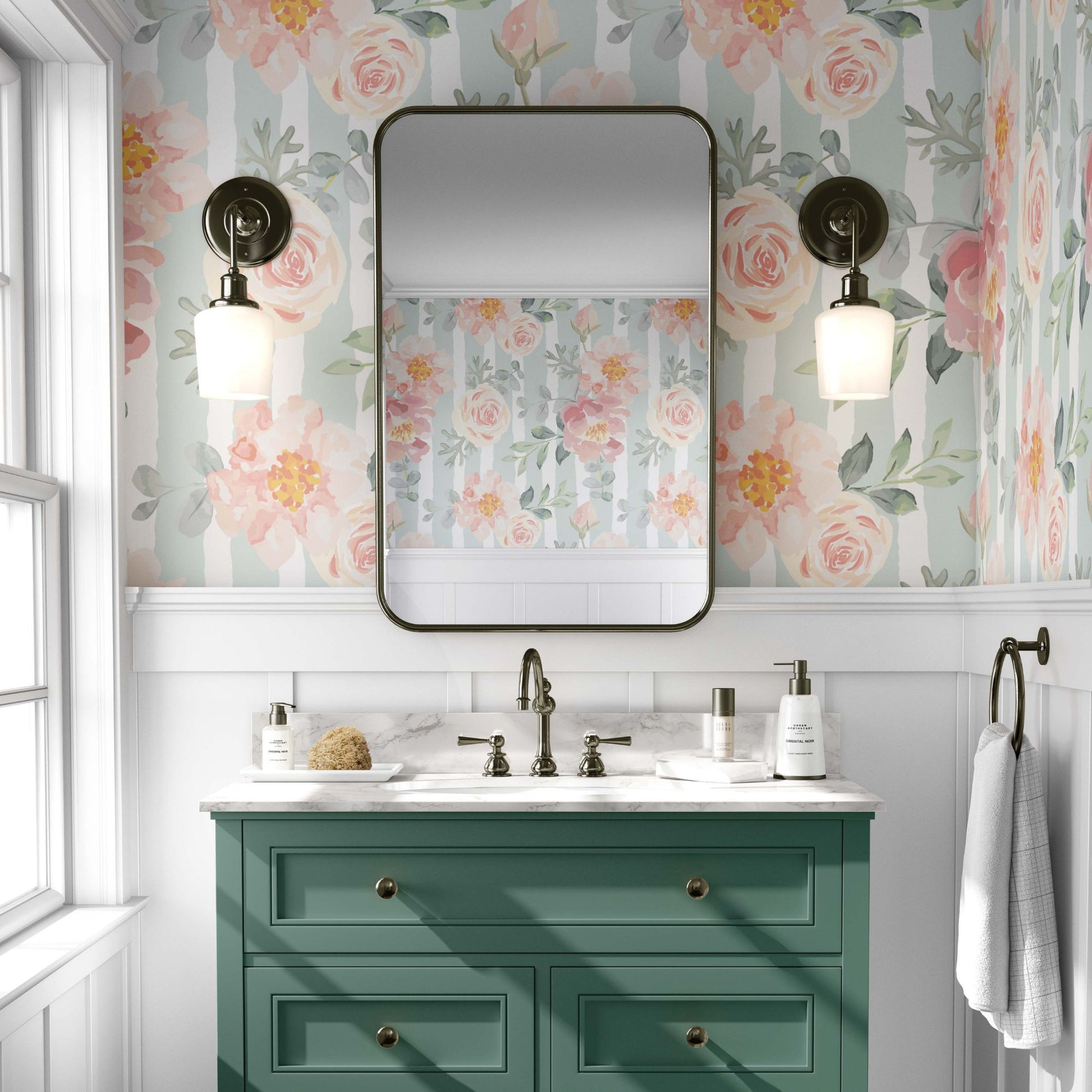 cat-610804236616 Bathroom wallpaper  featuring watercolor rose and peony on pastel stripes, dark green vanity, and rectangular mirror.