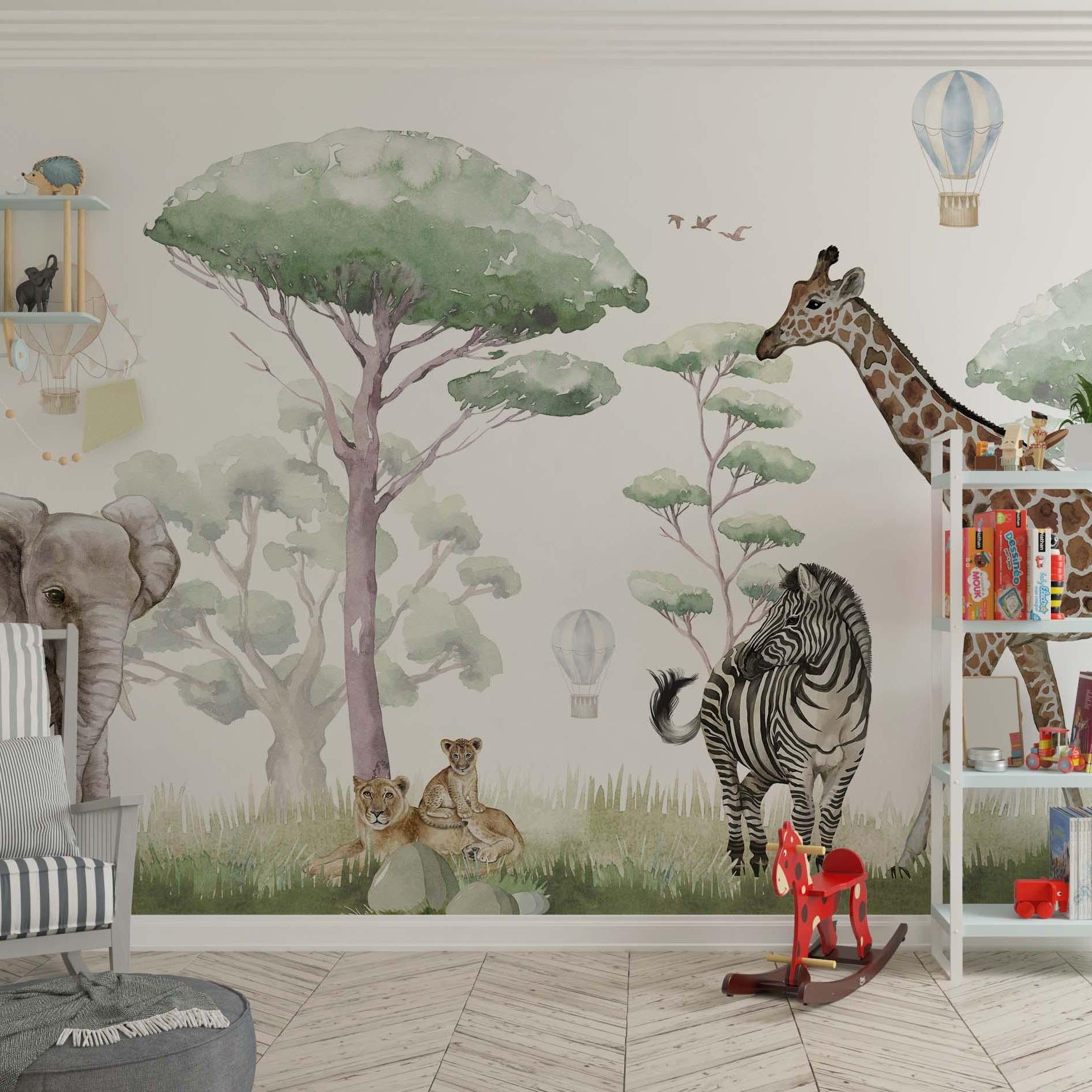 Safari Animals wallpaper mural in a children's playroom with giraffe, zebra, elephant and lion cubs in soft watercolor tones