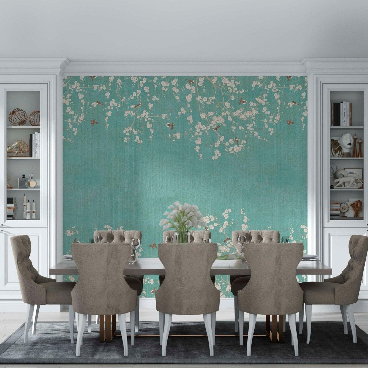 Hanging white cherry blossom mural in dining room