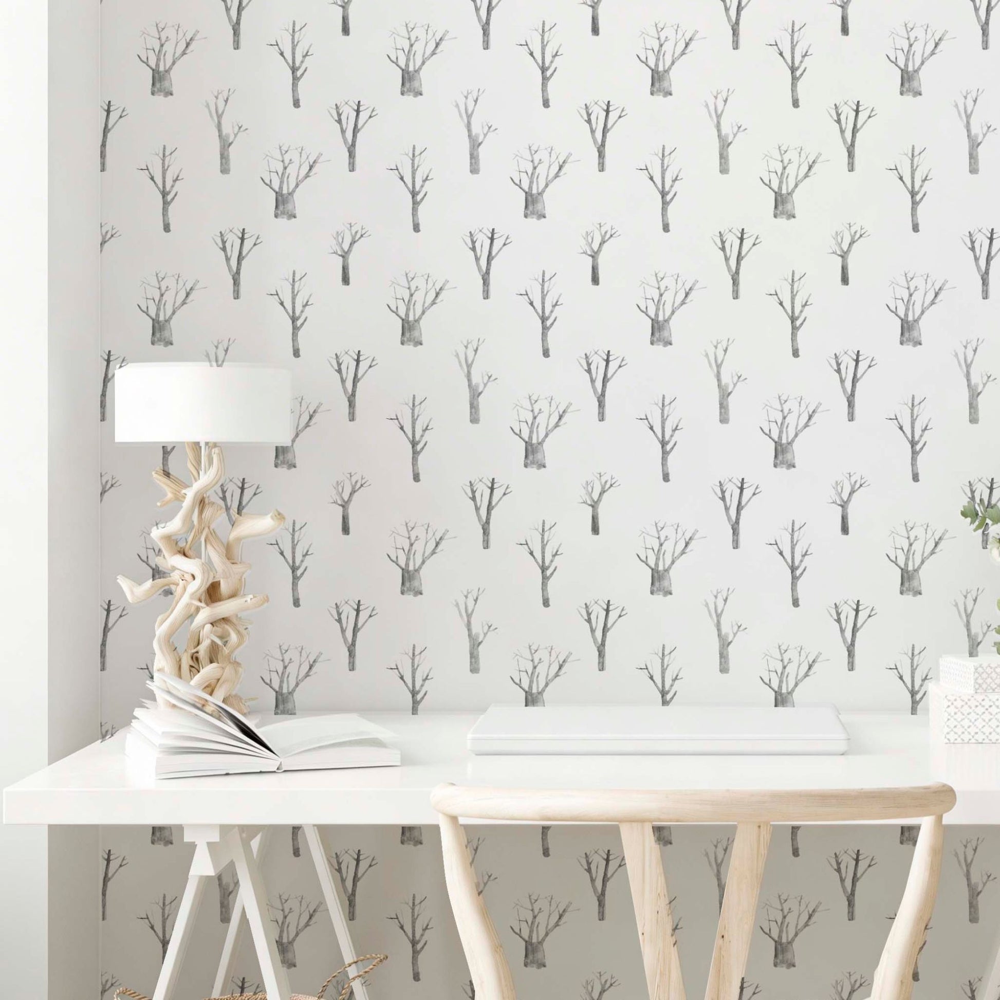cat-610804433224 Home office with winter trees wallpaper in grey and white, minimal and calm workspace.