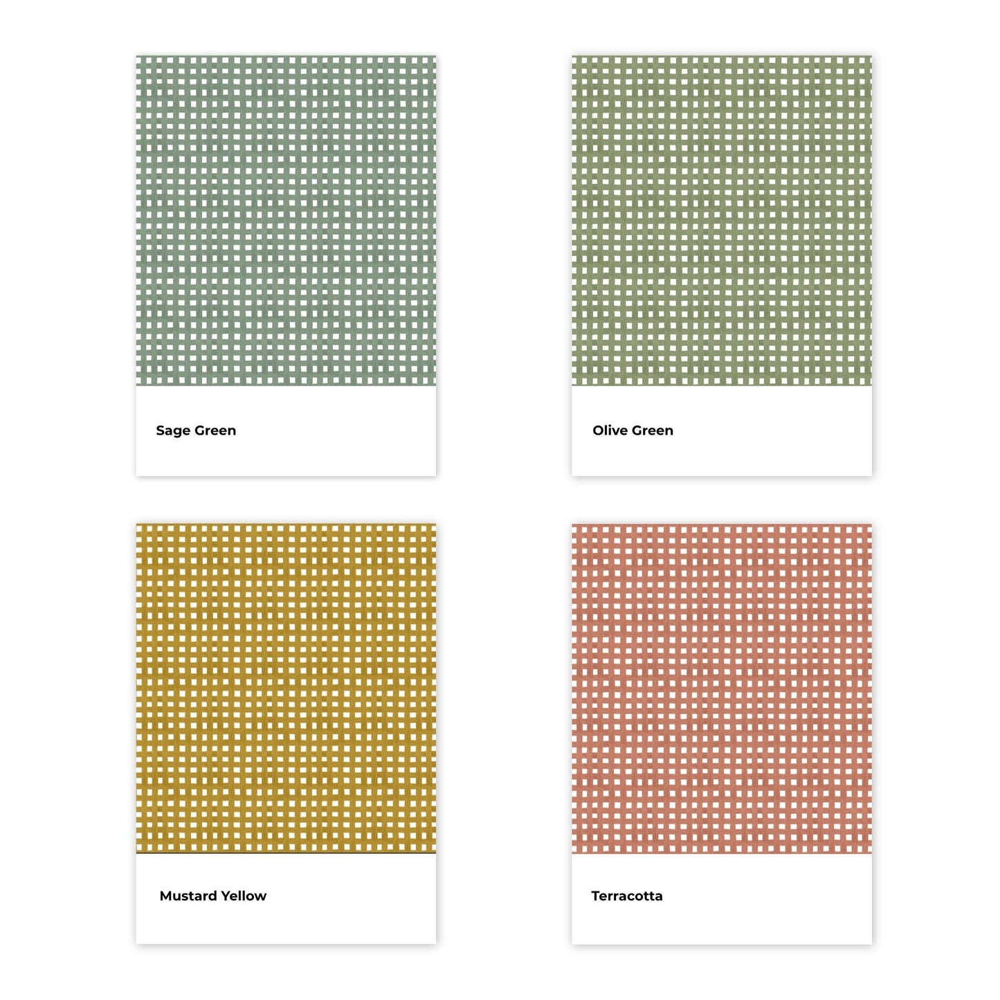 Colour options for the hand-painted wallpaper design in Olive, Sage, Mustard and Terracotta.