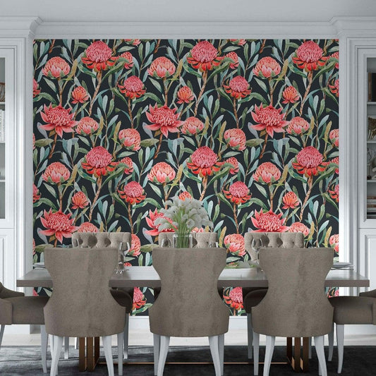 cat-659356549448 Elegant dining room featuring a red floral accent wall on a charcoal background, a long grey table with six beige upholstered chairs, a dark rug, and white built-in cabinets.