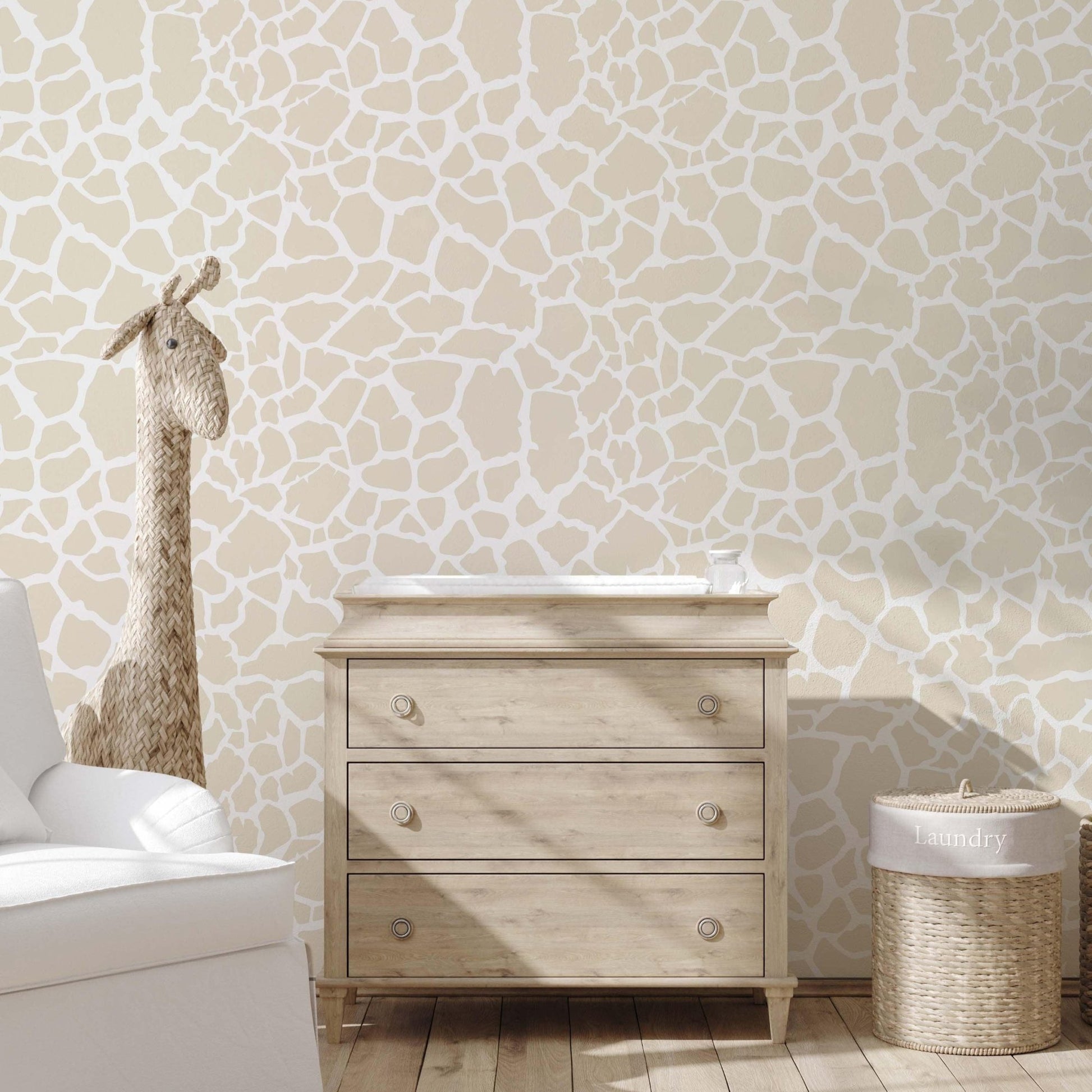 Nursery bedroom featuring a pink Giraffe animal print pattern