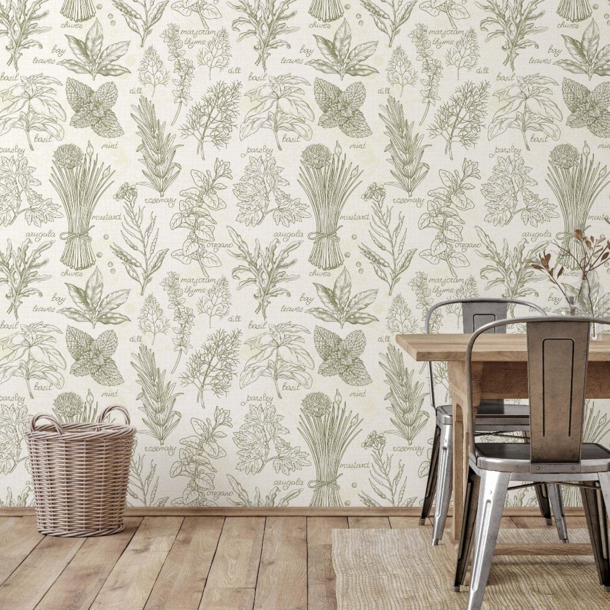 A dining room featuring green wallpaper featuring an array of herbs and spices, showcasing vibrant colors and intricate designs and a wooden table, creating a warm and inviting atmosphere.