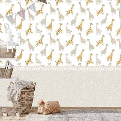 Giraffe pattern wallpaper in a styled nursery with mustard and beige tones, chevron border, dotted lower section, rattan baskets and knit toys