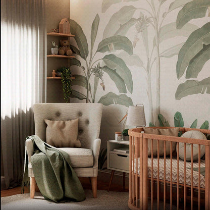 Storks in the jungle - tropical wallpaper mural featuring soft green banana trees and mother and baby stork in a nursery bedroom